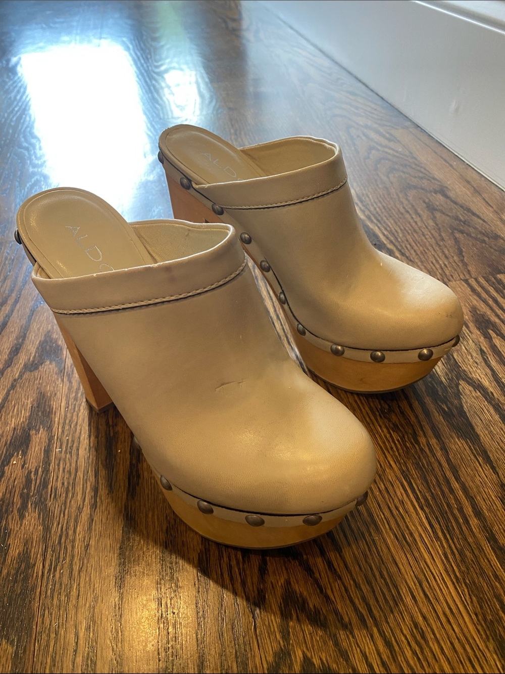 ALDO Beige Leather Studded Platform Clogs